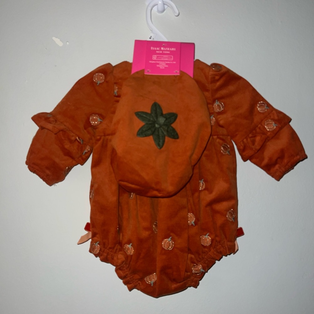 NWT Baby Girl Orange Pumpkin Costume Romper with Hat